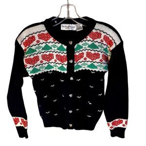Vintage Sweater The Eagle’s Eye Cardigan Navy with Red Hearts Girls Sz M 10/12